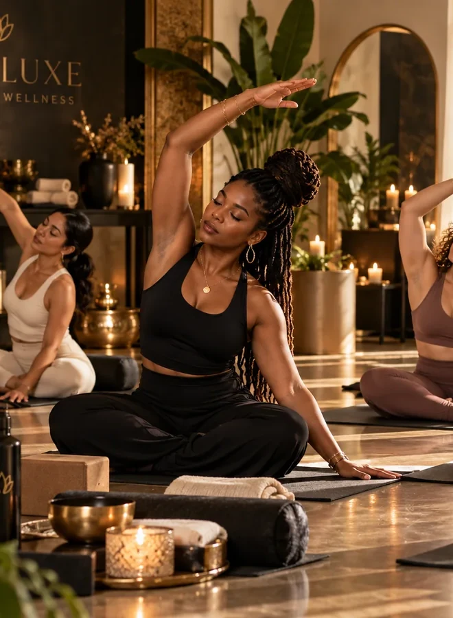 Women practicing guided yoga in an elegant wellness space